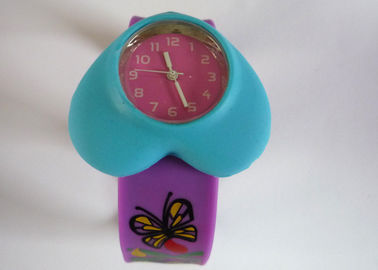 Blauwe hart zaak paarse Butterfly Silicone klap armband horloges met lichtgevende poeder